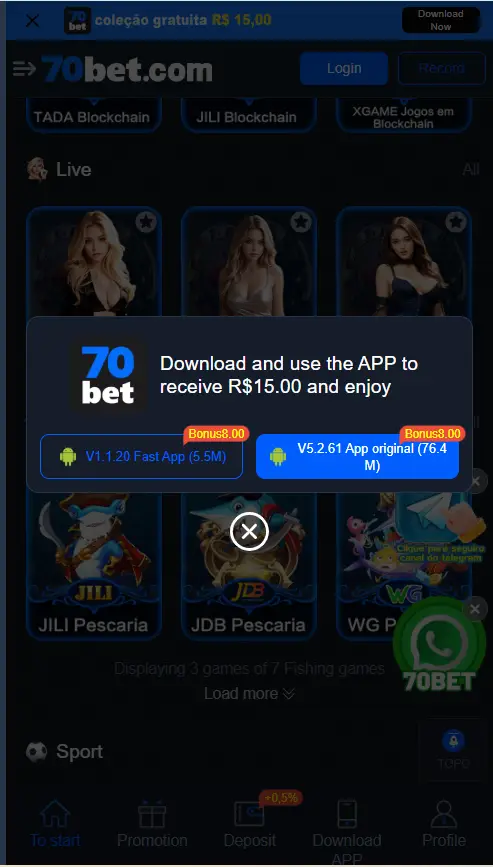 Tela de download do aplicativo 70BET