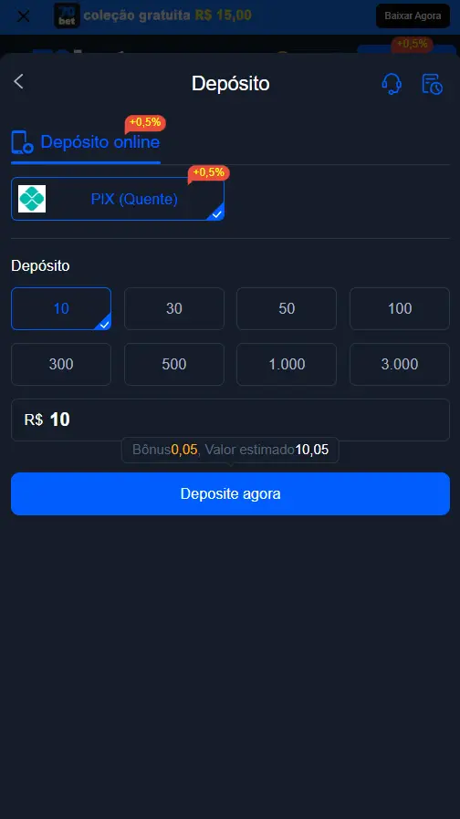 Tela de depósito da 70BET com opção PIX