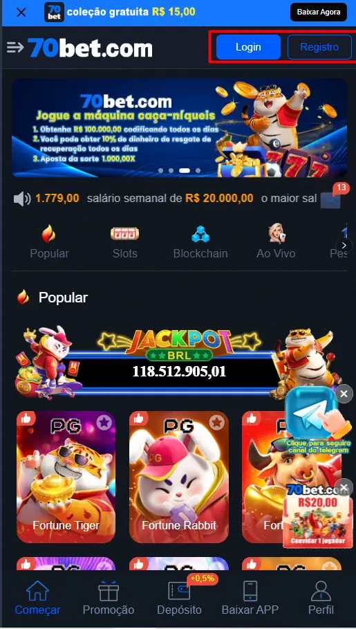 Página inicial da 70BET com destaque para o botão Registro