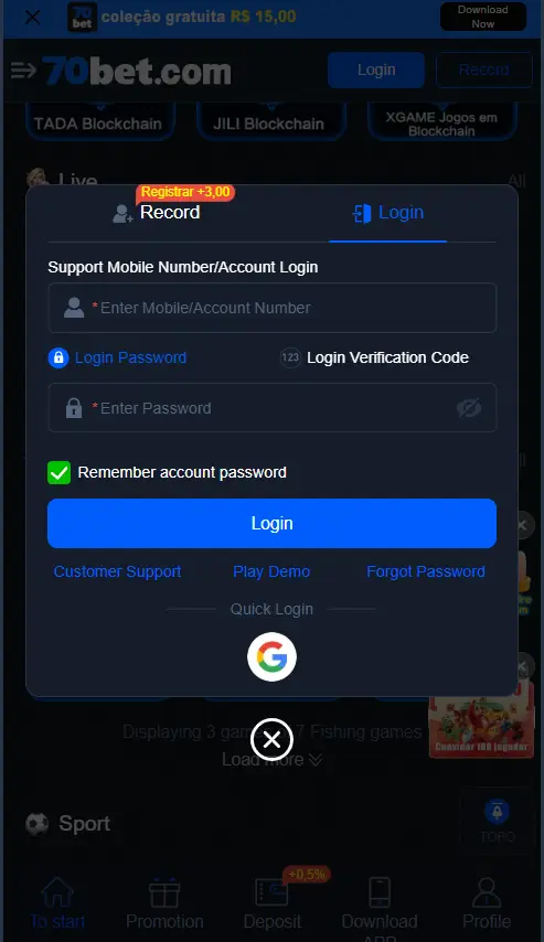 Tela de login da 70BET