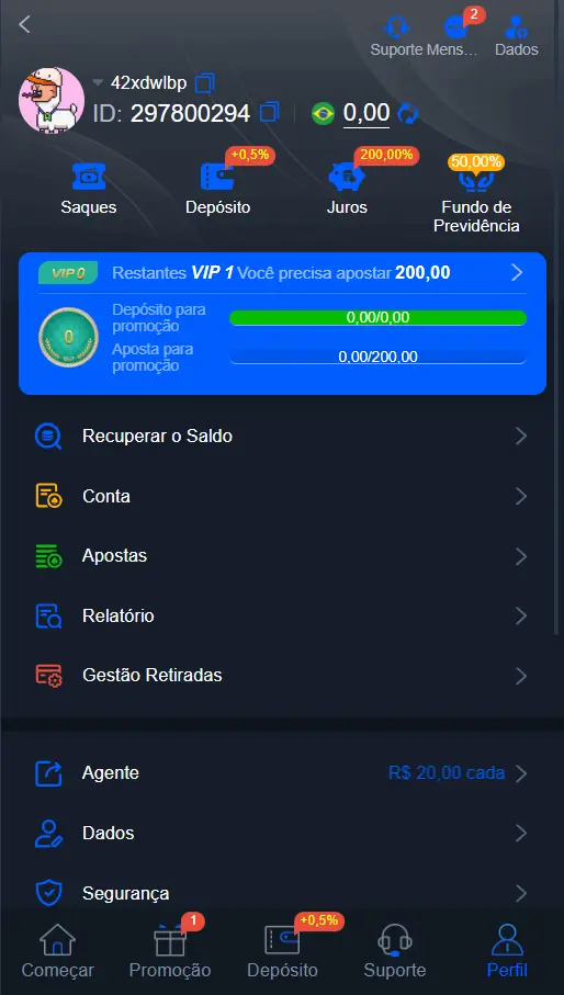 Tela de perfil da 70BET com destaque para o botão Depósito