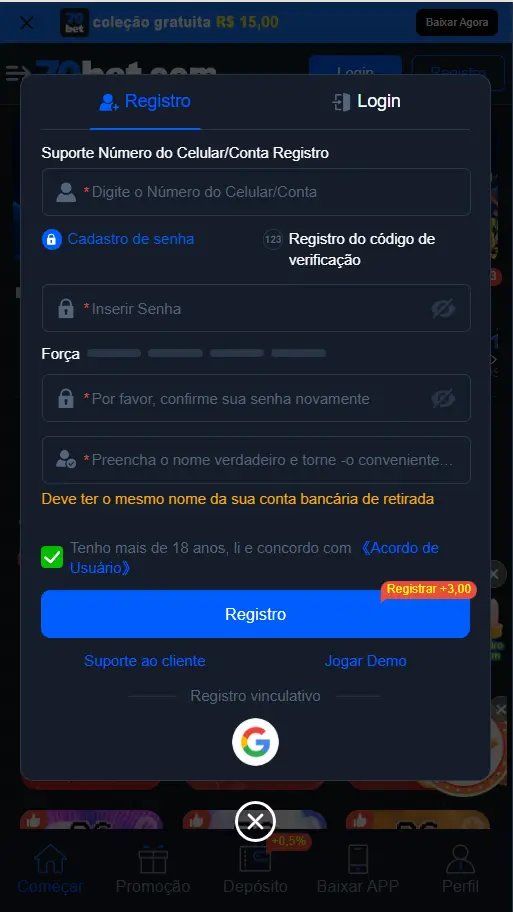 Formulário de registro da 70BET