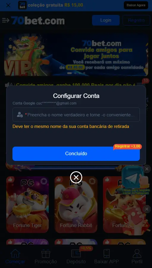 Tela de configuração de conta via Google