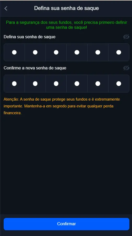 Definir senha de saque na 70BET