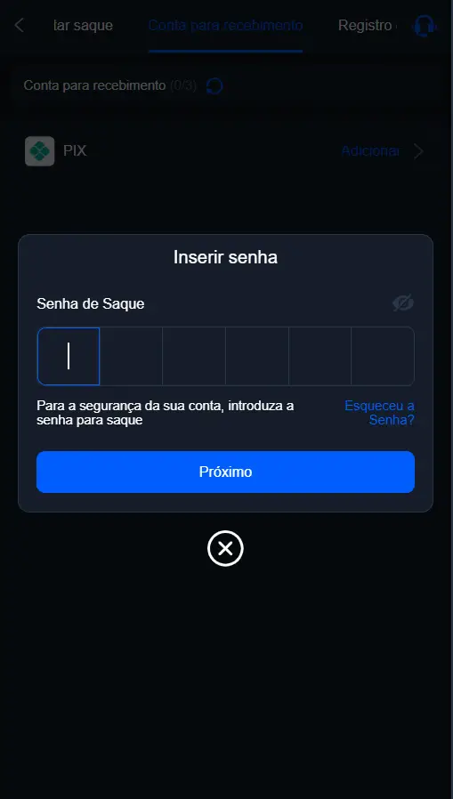Inserir senha de saque na 70BET