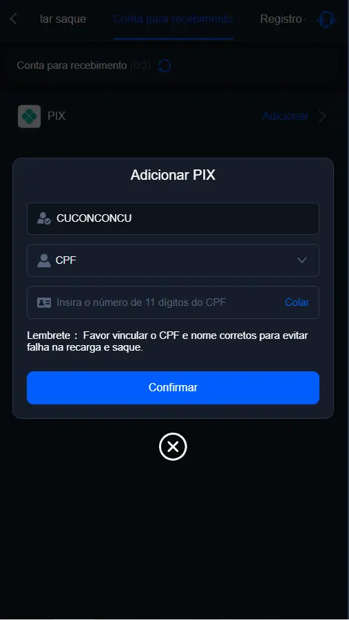 Adicionar PIX na 70BET